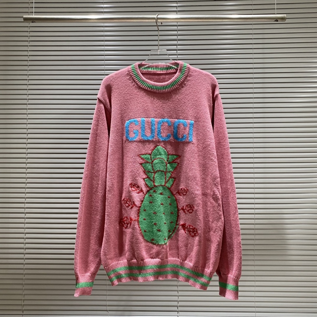 Suéter de cuello redondo de punto con logo bordado de piña en relieve de Gucci, color: rosa, tallas: S M L XL XXL