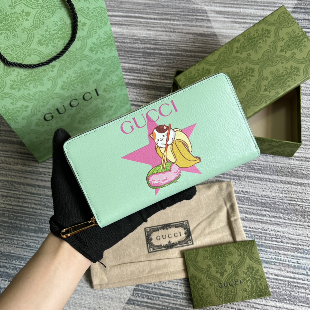 GUCCI 香蕉喵印花 拉链钱夹 GG Supreme
