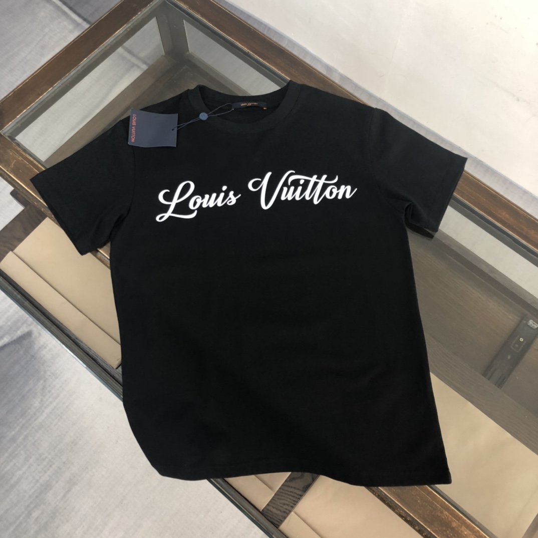 Louis Vuitton Clothing T-Shirt Black White Printing Men Cotton Summer Collection Fashion Short Sleeve
