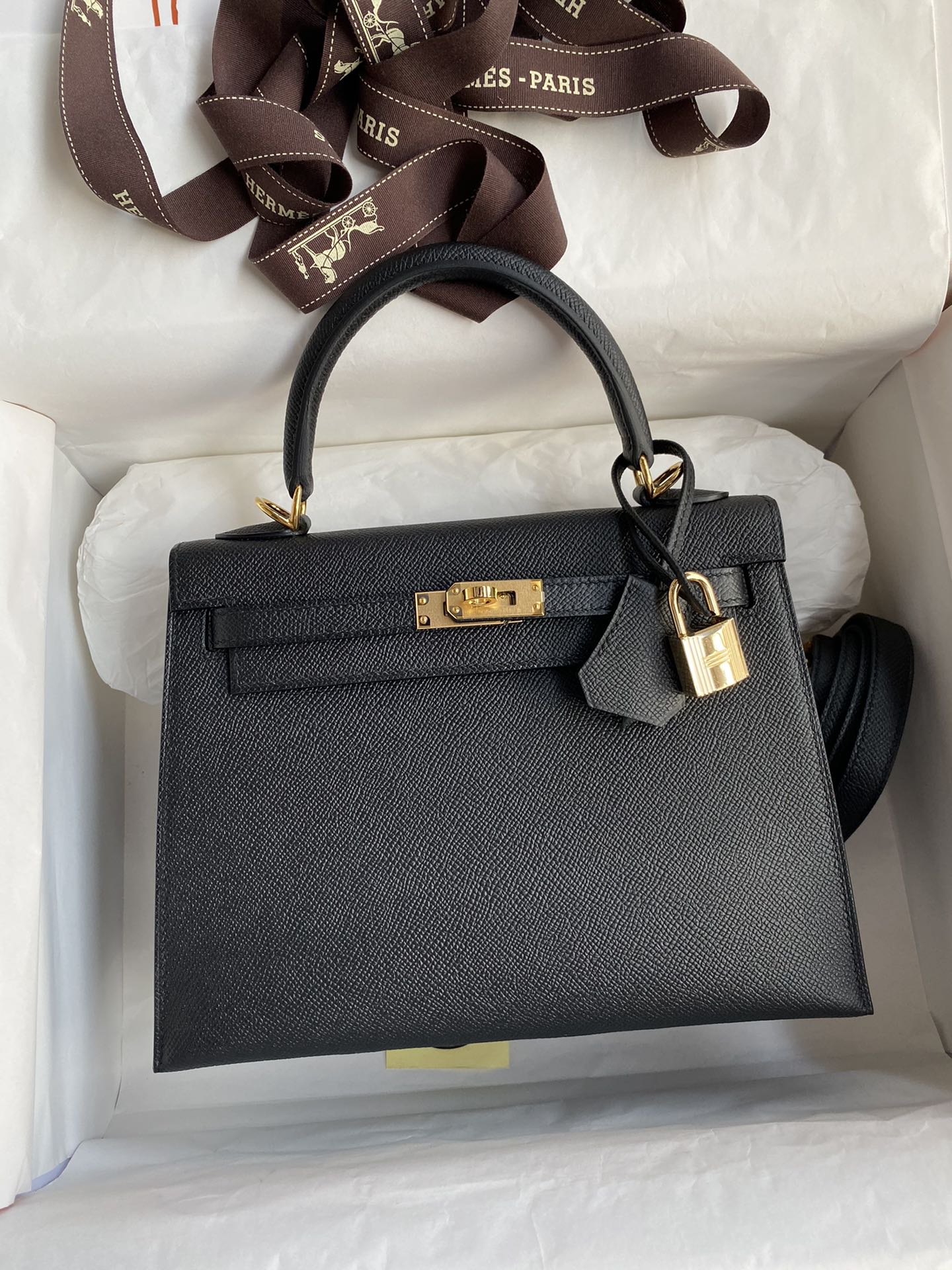 Hermès Kelly 25/28/32cm, cuero Epsom importado de fábrica original [negro], hebillas doradas y plateadas, sincronizado …