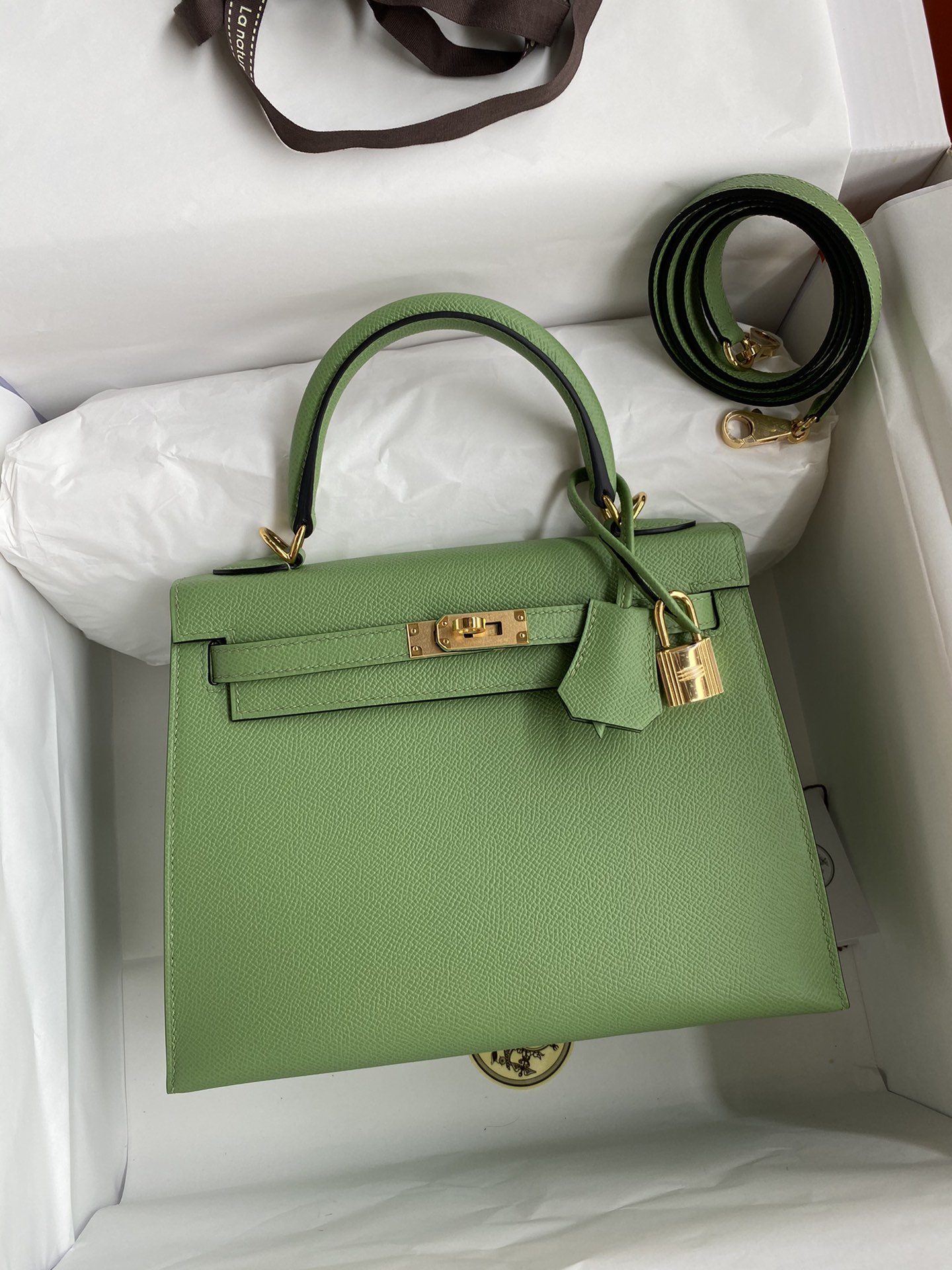 Hermès Kelly 25/28/32cm Epsom de importación original [verde aguacate] hebilla dorada y plateada, sincronizado con bout…