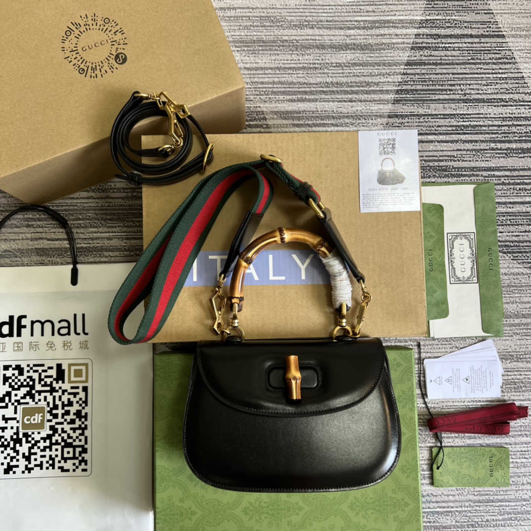GUCCI Bamboo Small Handbag Black Leather Interchangeable Shoulder Strap