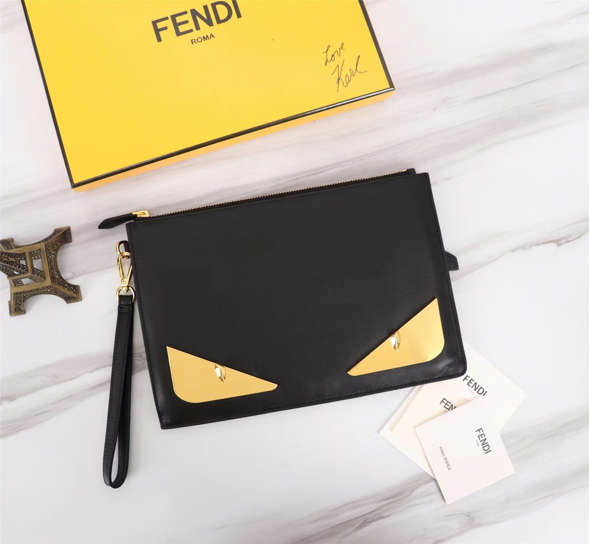 Fendi Clutches & Pouch Bags Black Gold Sewing Cowhide Pouch