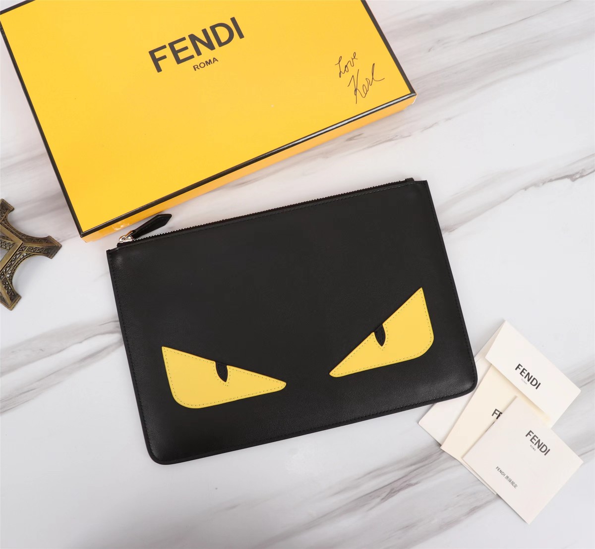 Fendi Clutches & Pouch Bags Black Lemon Yellow Sewing Cowhide Pouch