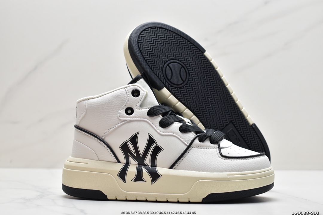 180 MLB Chunky Liner New York Yankees学长鞋系列低帮老爹风轻量增高厚底百搭休闲运动慢跑鞋“皮革白黑NY印花”3ASXCA12N-50WHS