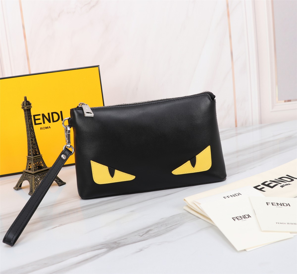 Fendi Clutches & Pouch Bags Black Lemon Yellow Cowhide