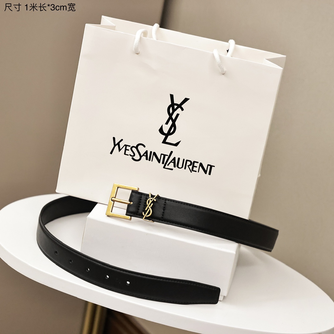 YSL(圣罗兰) 女士腰带💰130 宽3cm*1米长.双面头层小牛皮,手感柔软,方形搭扣CASSANDRE 标识腰带环,百搭经典款。