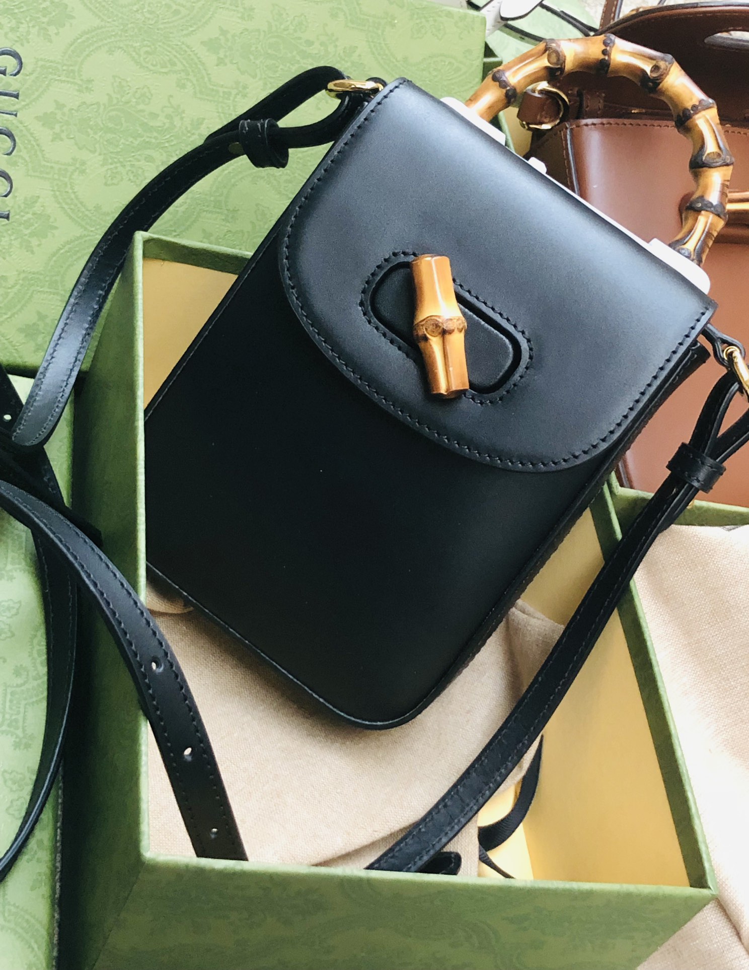 Bamboo bag crossbody shoulder handbag backpack detachable long strap leather