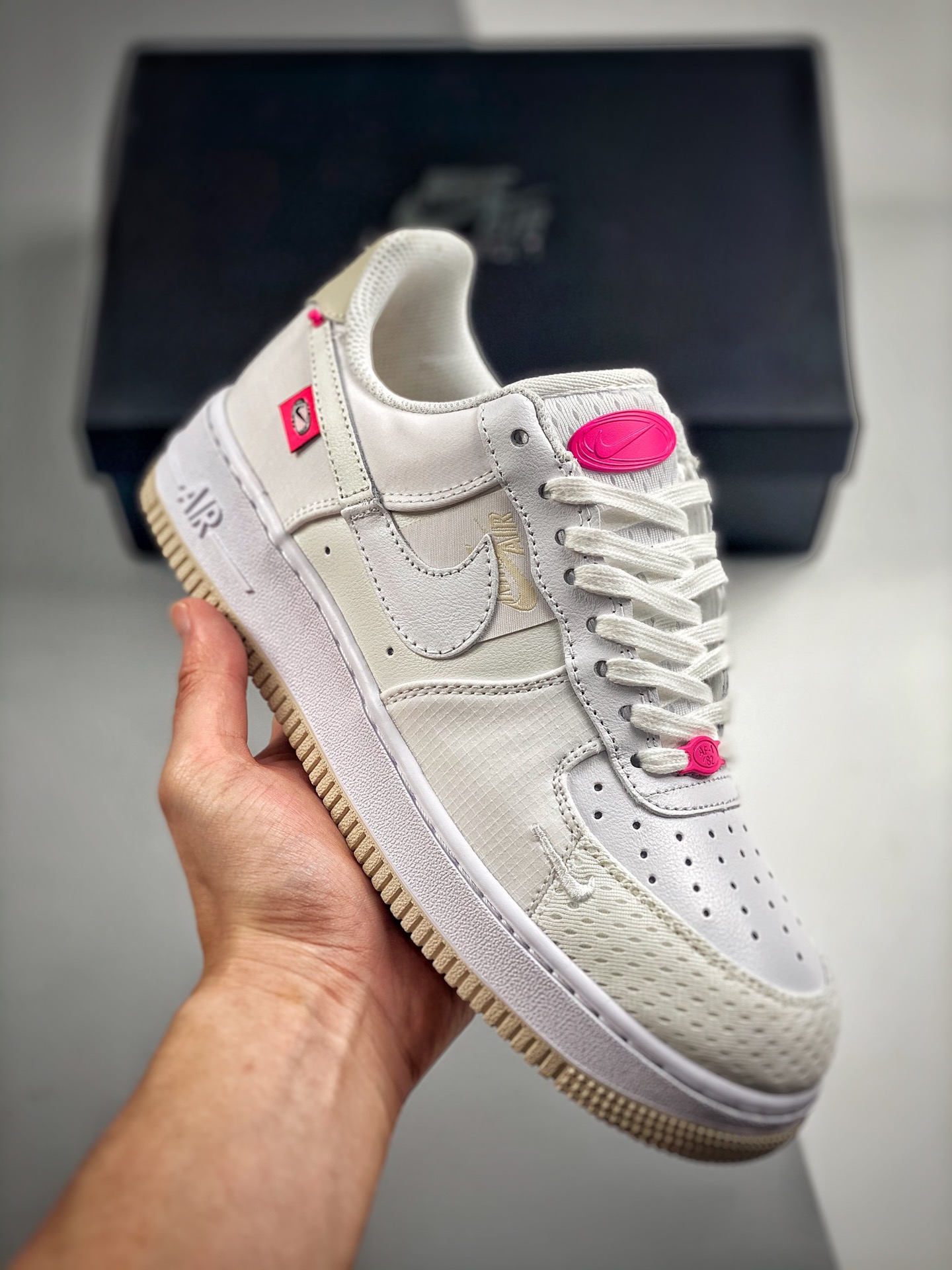 -3 Nike Air Force 1 Low'07 blanco/rosa, construcción de materiales, horma y plantilla originales, creando la silueta au…