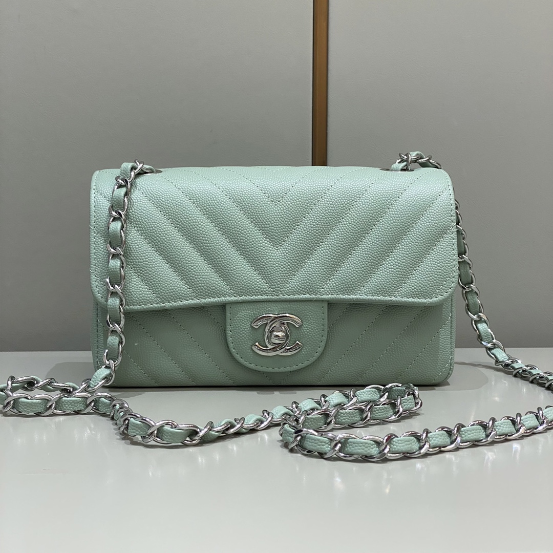 샤넬 CF 클래식 플랩백 20cm 은장 그린 캐비어 소가죽 브이퀼팅 33210 Chanel Bag