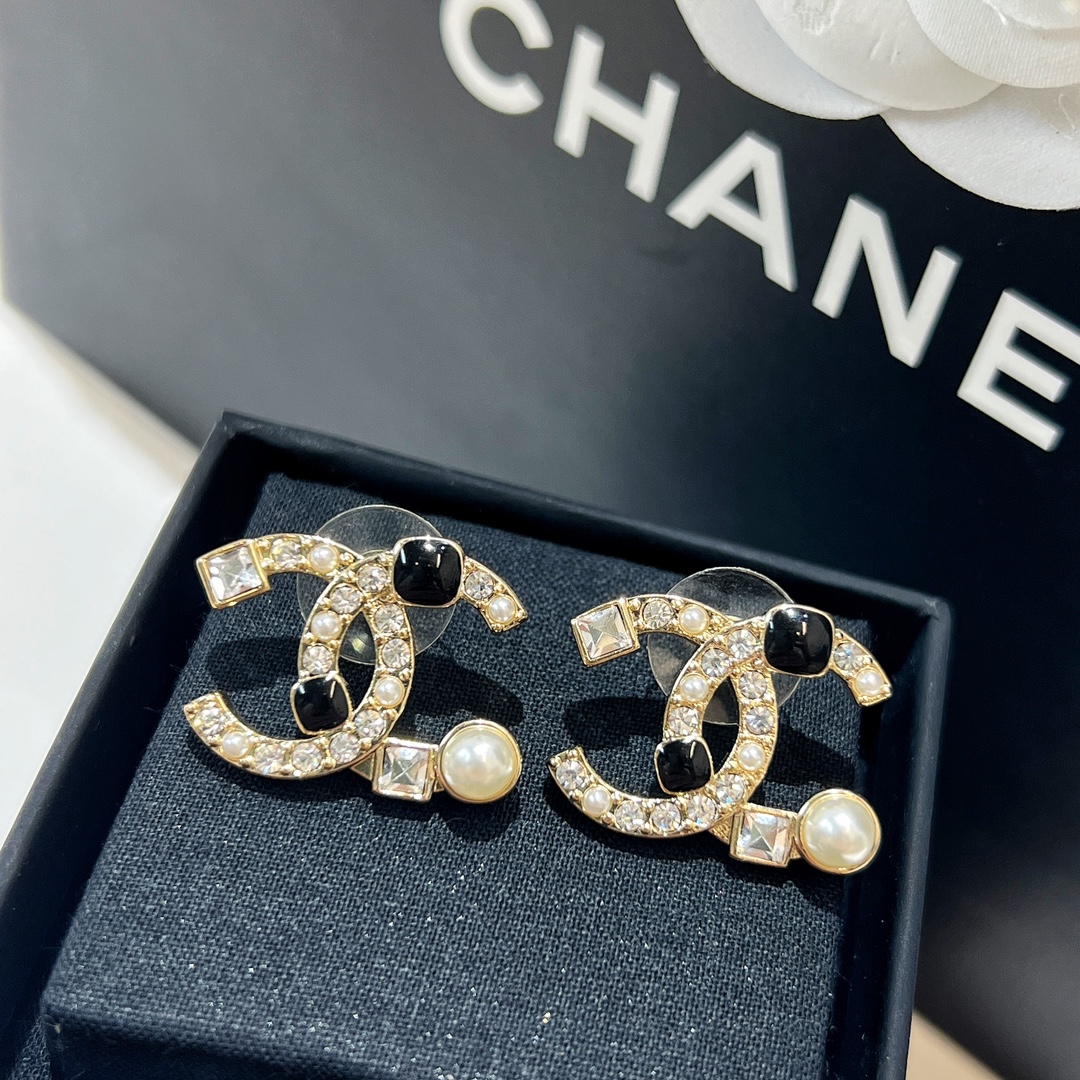 新款☑️CHANEL香奈儿c1双c方钻珍珠耳钉耳环