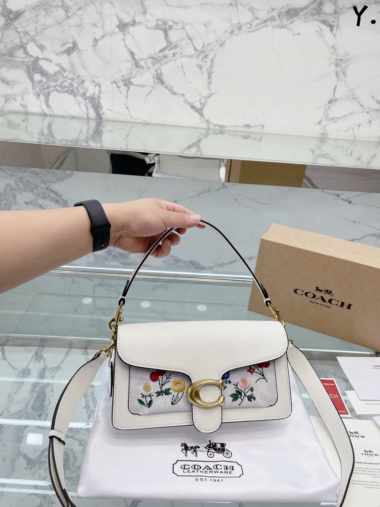 J5 原单Coach 家酒神包Tabby手提包单肩斜挎包。让小姐姐第一眼看到就会爱上它。被誉为平价版小酒神包的 Coach 蔻驰 Tabby，复古又百搭，很受欢迎啊。五金扣厚实，整体精致小巧，还特别能装。每个包配一长一短两天可卸肩带，内部结构分层合理，中间一个带拉链的隔层小袋，把包分成三格，简直完美尺寸：25*15*7.5cm。这个尺寸觉得刚刚好合适，手提单肩斜挎都没有问题的牛皮