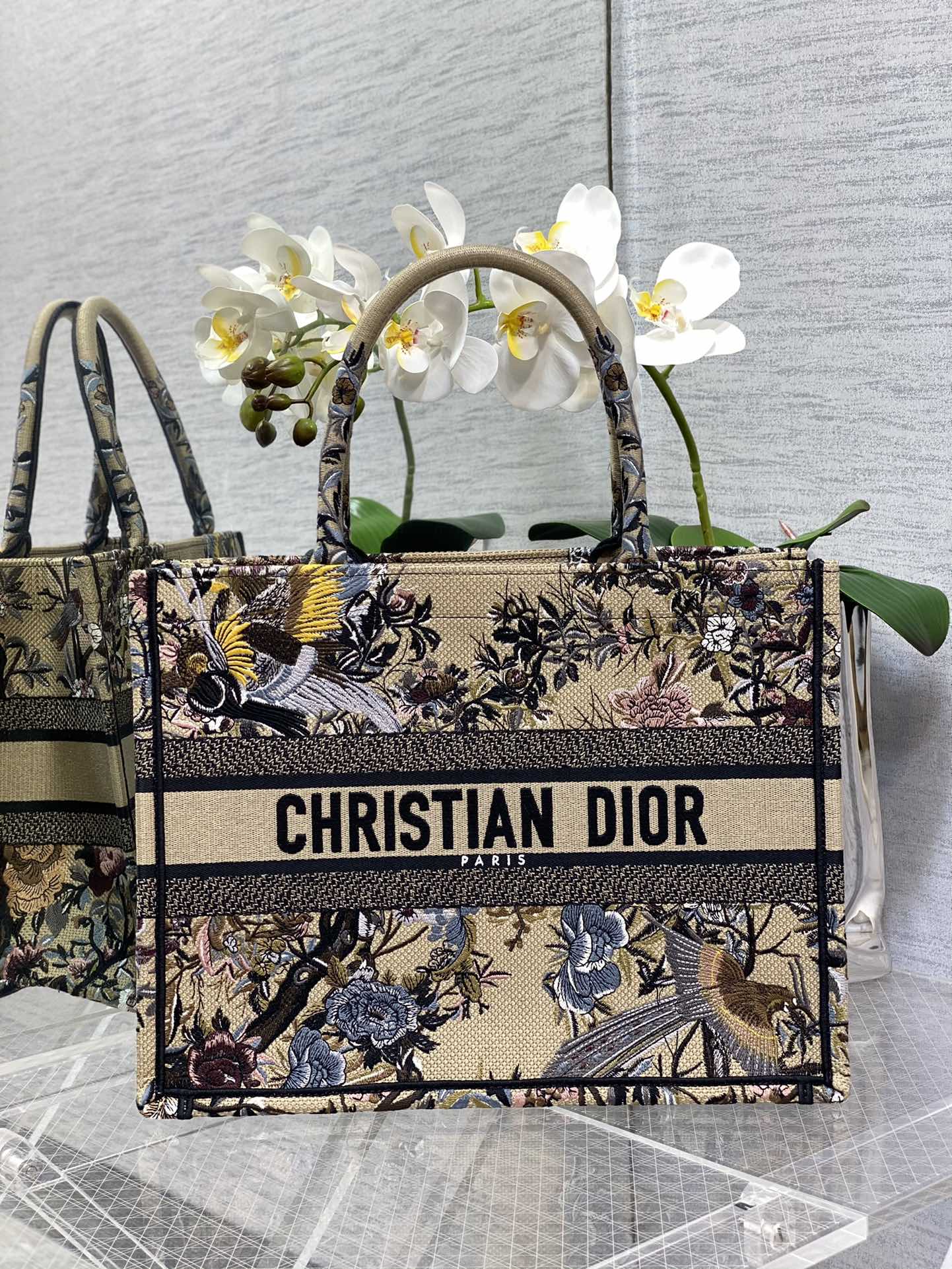 DIOR маленькая Tote двухцветная с вышивкой сороки сумка-тоут