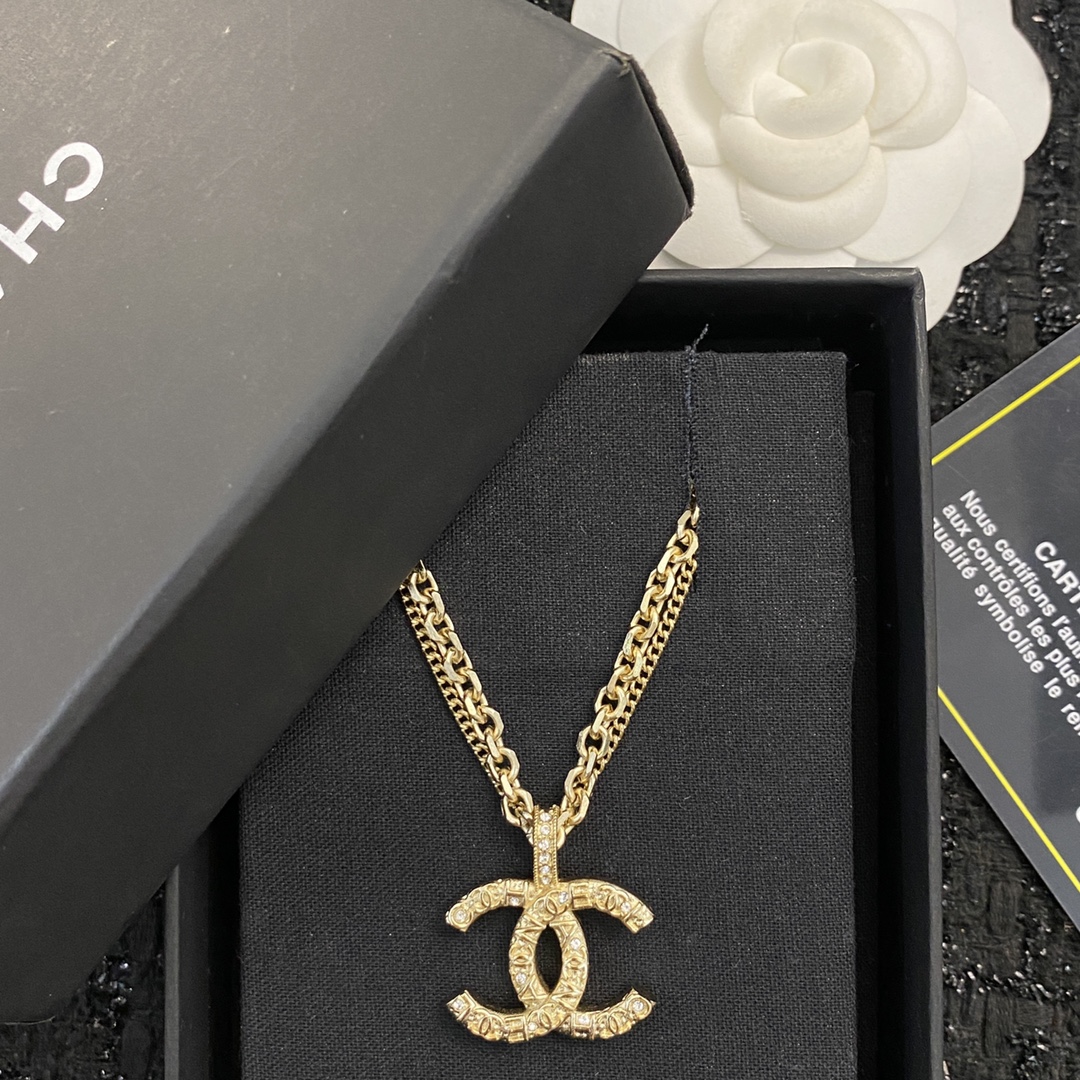 CHANEL Necklace Light Gold Double Layer Embossed Double C Rhinestones