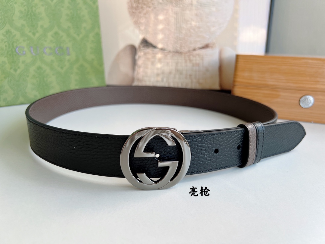 Gucci古驰3.5cm全皮黑色咖啡双G金扣/银扣腰带