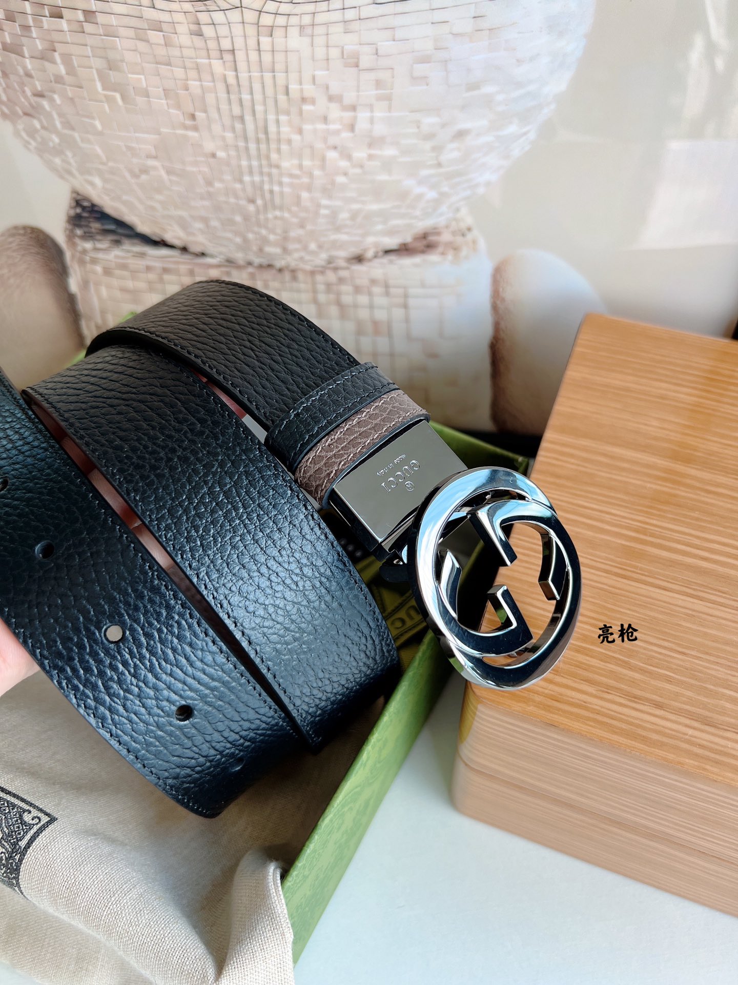 Gucci古驰3.5cm全皮黑色咖啡双G金扣/银扣腰带