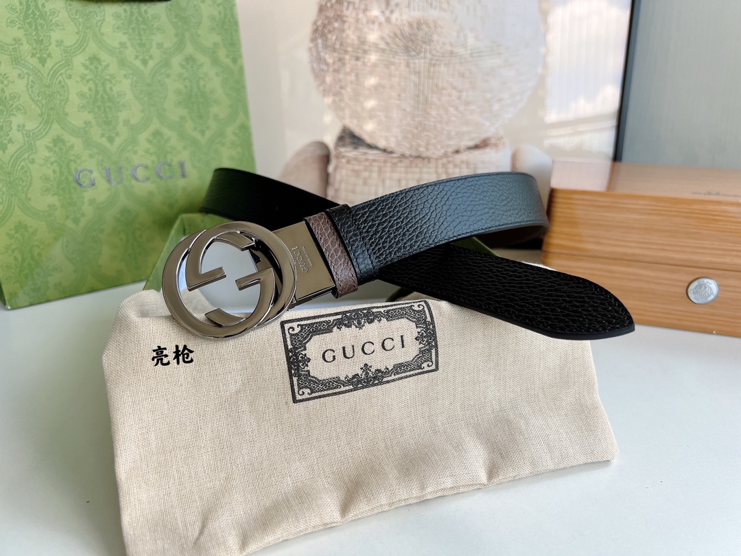 Gucci古驰3.5cm全皮黑色咖啡双G金扣/银扣腰带