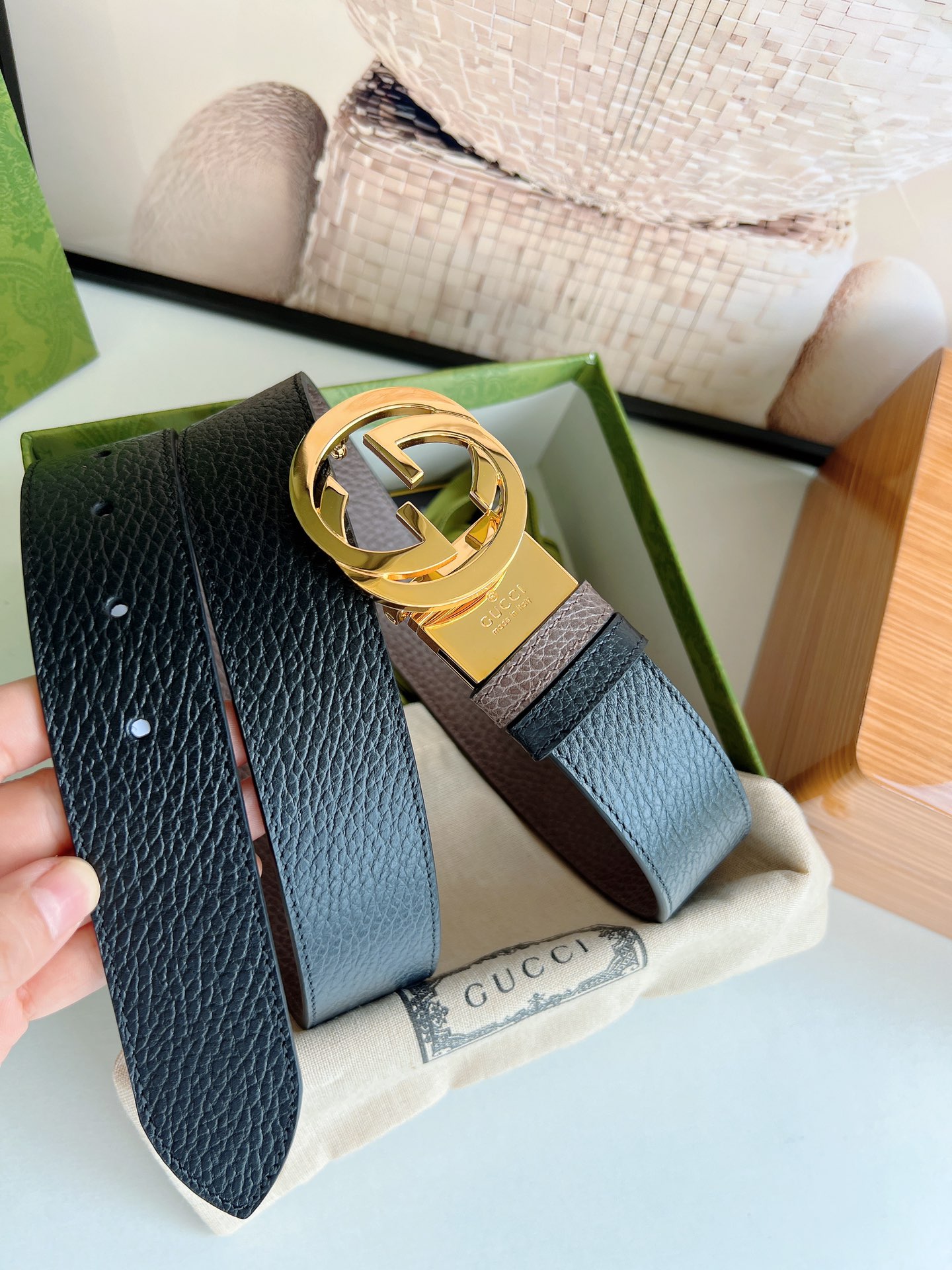 Gucci古驰3.5cm全皮黑色咖啡双G金扣/银扣腰带