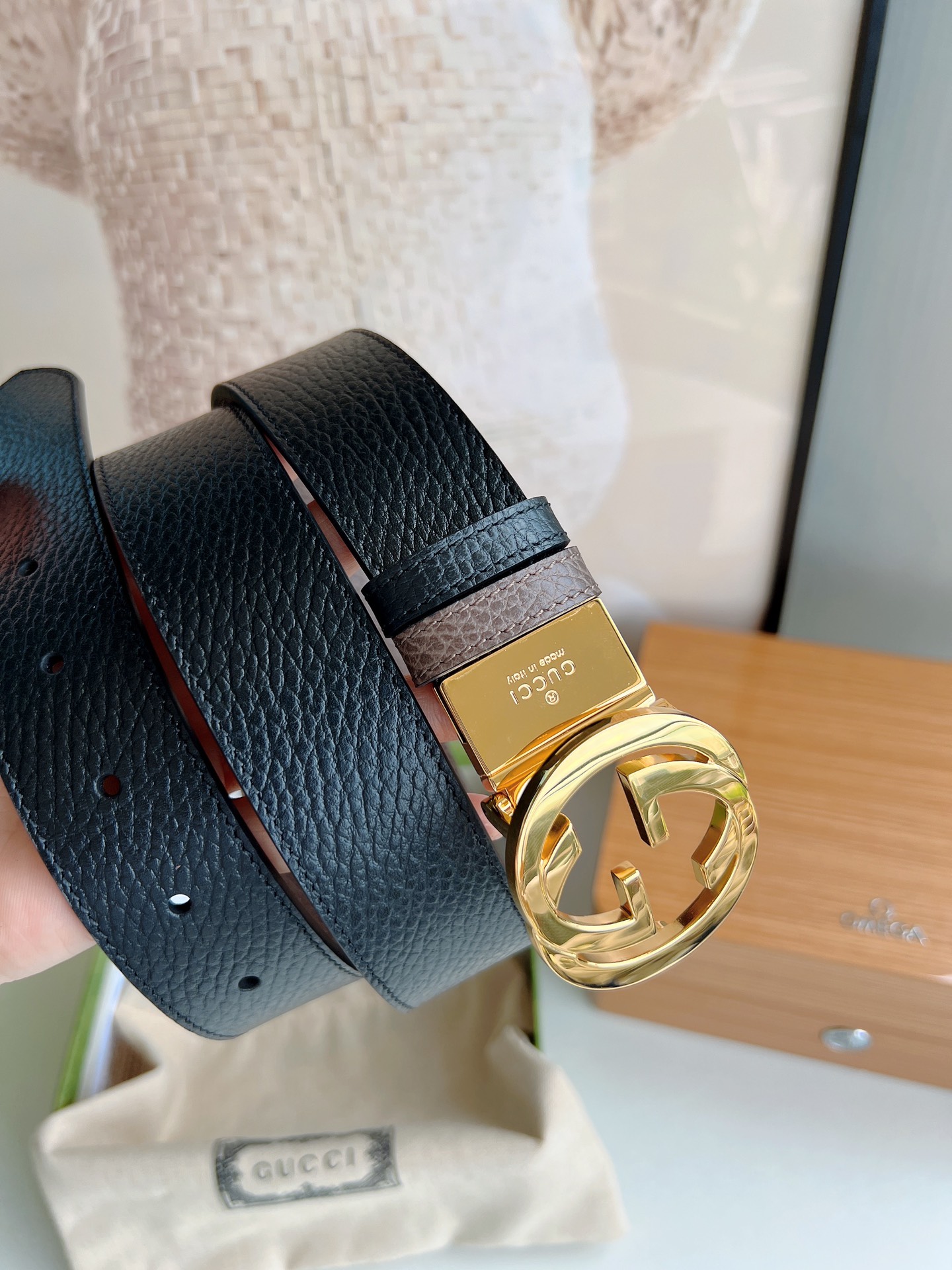 Gucci古驰3.5cm全皮黑色咖啡双G金扣/银扣腰带