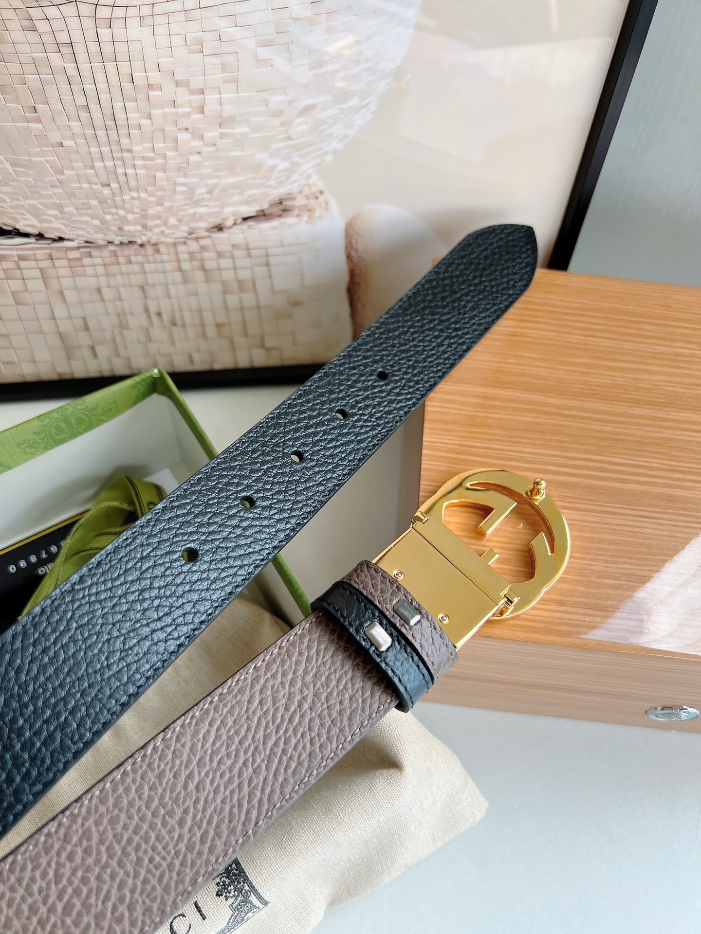 Gucci古驰3.5cm全皮黑色咖啡双G金扣/银扣腰带