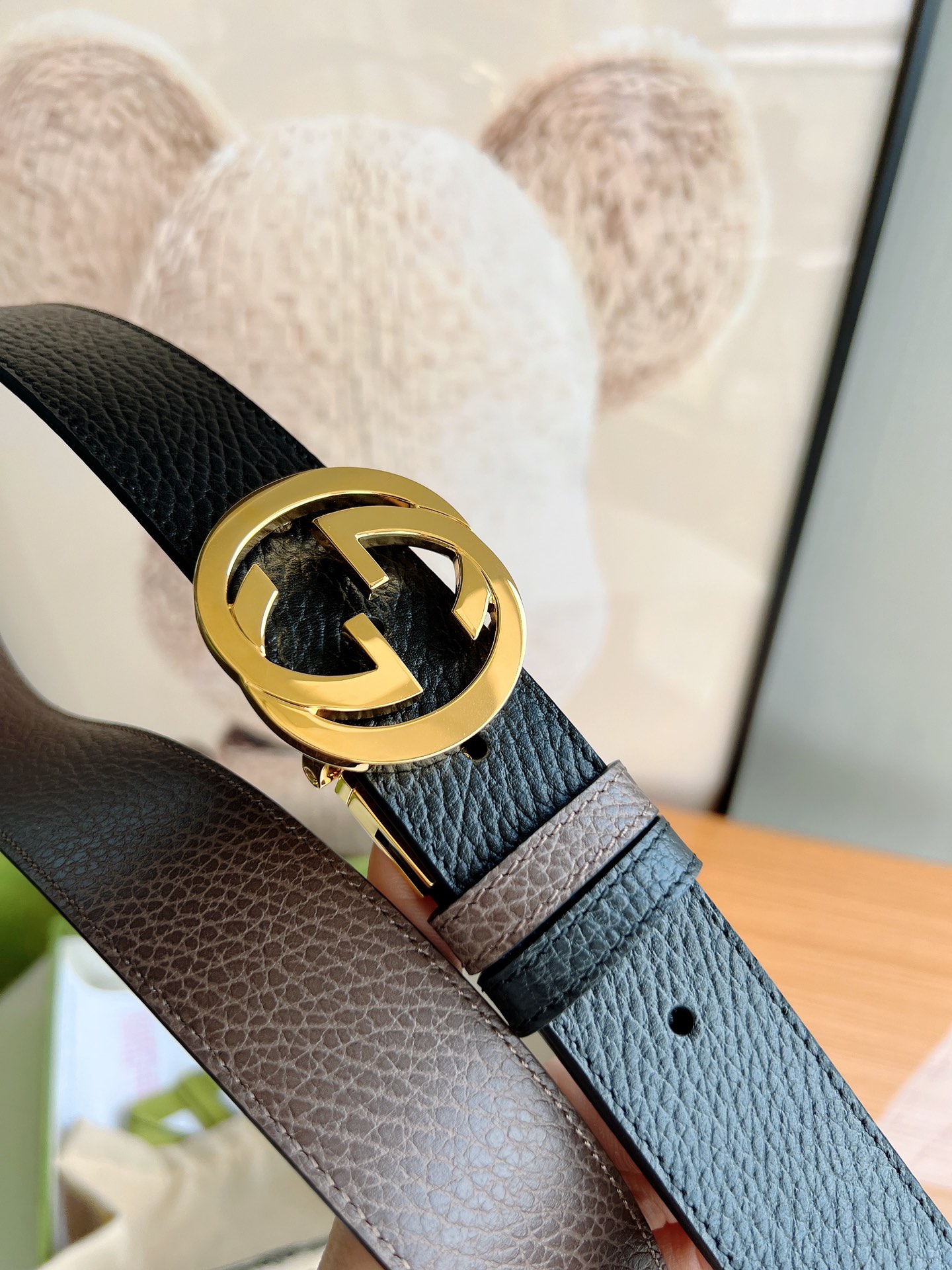 Gucci古驰3.5cm全皮黑色咖啡双G金扣/银扣腰带