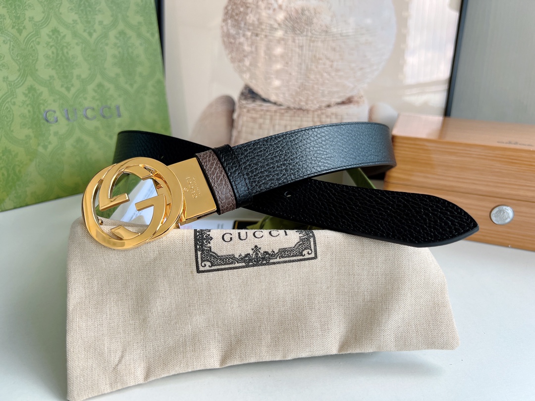 Gucci古驰3.5cm全皮黑色咖啡双G金扣/银扣腰带