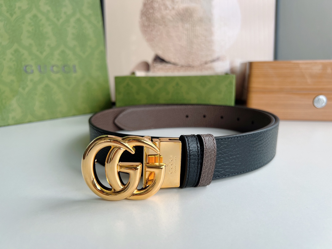 Gucci古驰  3.5cm全皮黑色咖啡双G金扣/银扣腰带
