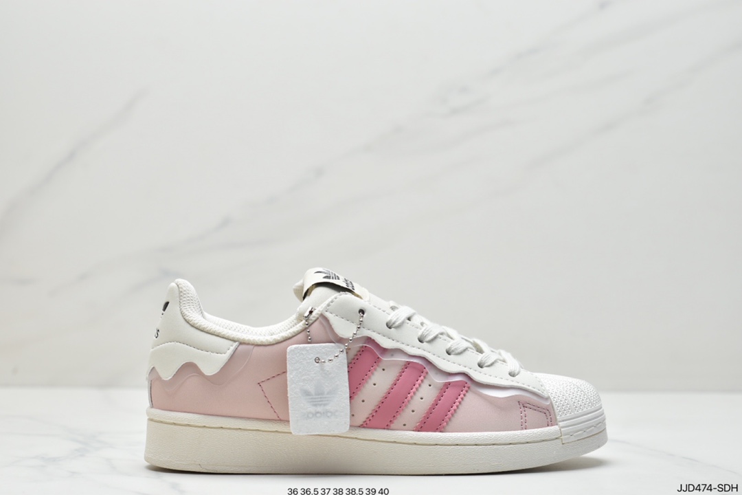 Adidas三叶草女22年春低帮奶油白花边经典贝壳头板鞋 GW4440