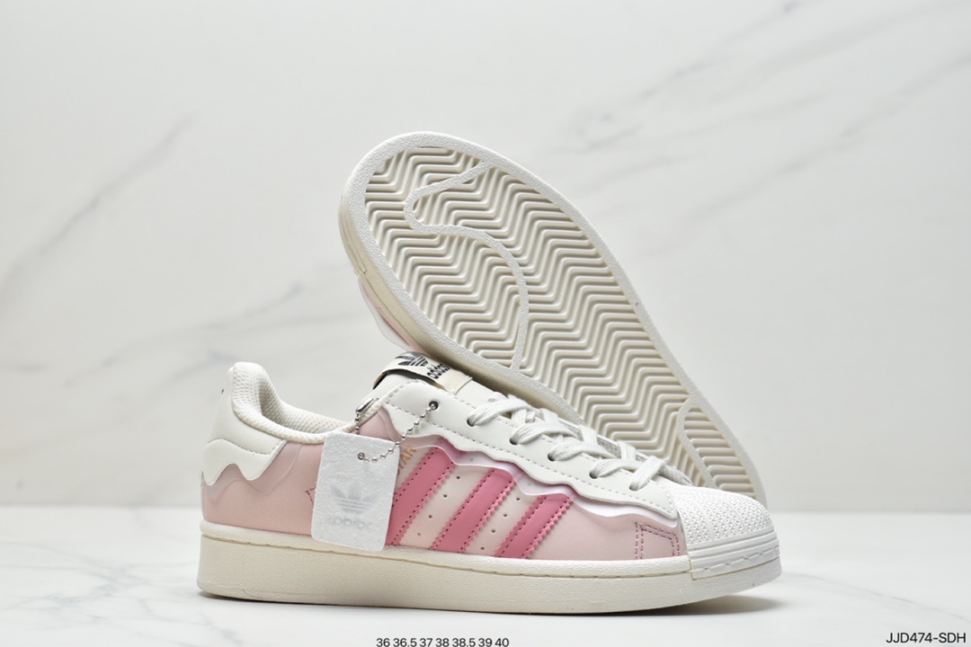 Adidas三叶草女22年春低帮奶油白花边经典贝壳头板鞋 GW4440