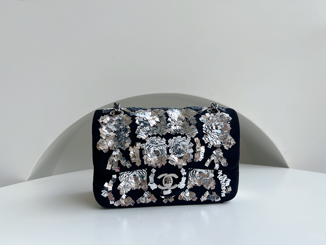Rare edition counter channel CHANEL CF classic handbag embroidered velvet sequins and silver metal Size: 20x12x6cm 1116