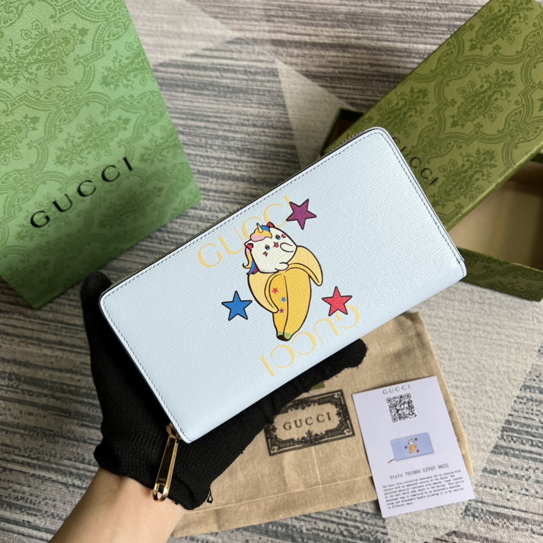 Gucci 香蕉喵印花 拉链钱夹 长款钱包