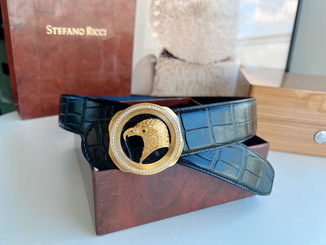 STEFANO RICCI史蒂芬.劳尼治新款精钢鹰头镶嵌钻金属挂扣3.8cm腰带