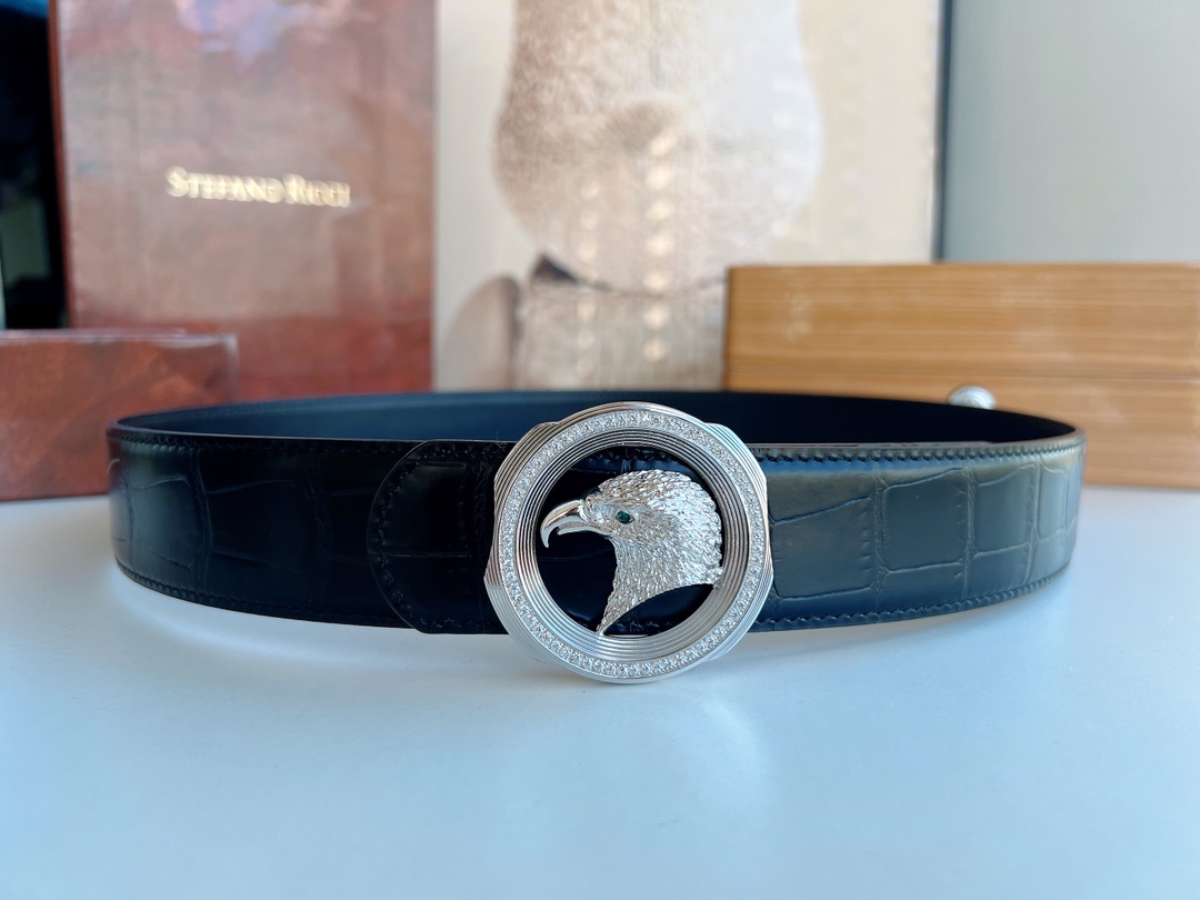 STEFANO RICCI史蒂芬.劳尼治新款精钢鹰头镶嵌钻金属挂扣3.8cm腰带