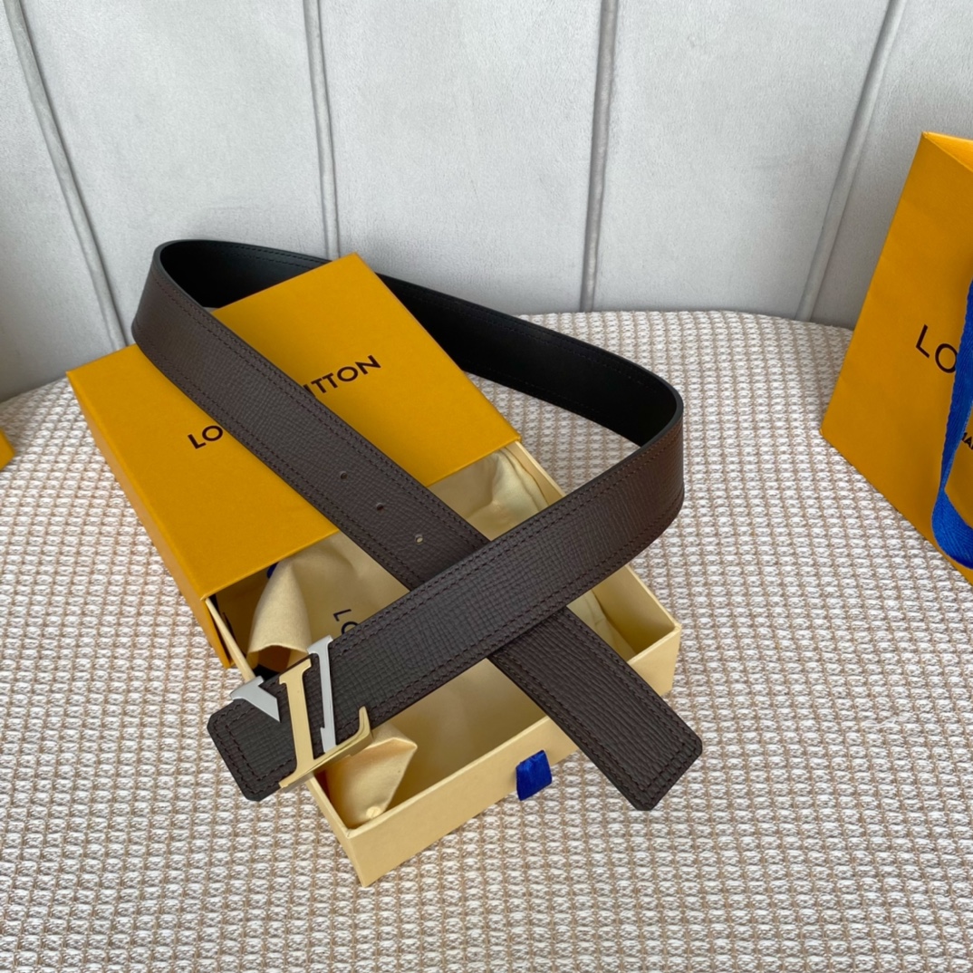 Louis Vuitton Buy Belts Black Chocolate color Gold Calfskin Cowhide