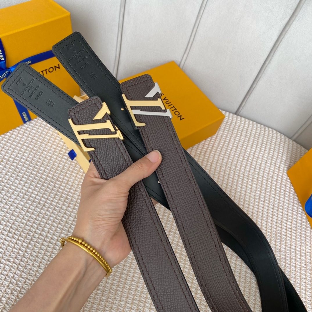 Louis Vuitton Belts Black Chocolate color Gold Calfskin Cowhide