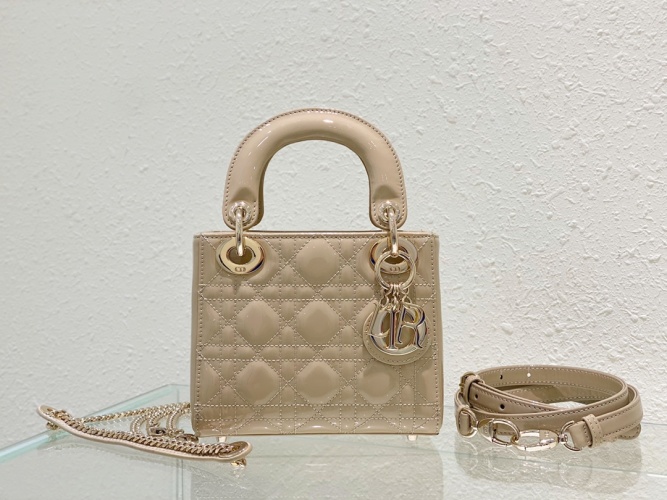 Lady Dior Mini Beige Patent Leather Bag with Chain and Leather Strap 1 Lady Dior Mini Beige Patent Leather Bag with Chain and Leather Strap
