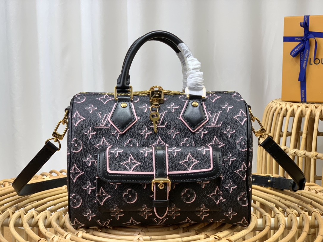 Louis Vuitton LV Speedy Bags Handbags Black Gold Engraving Canvas m20852