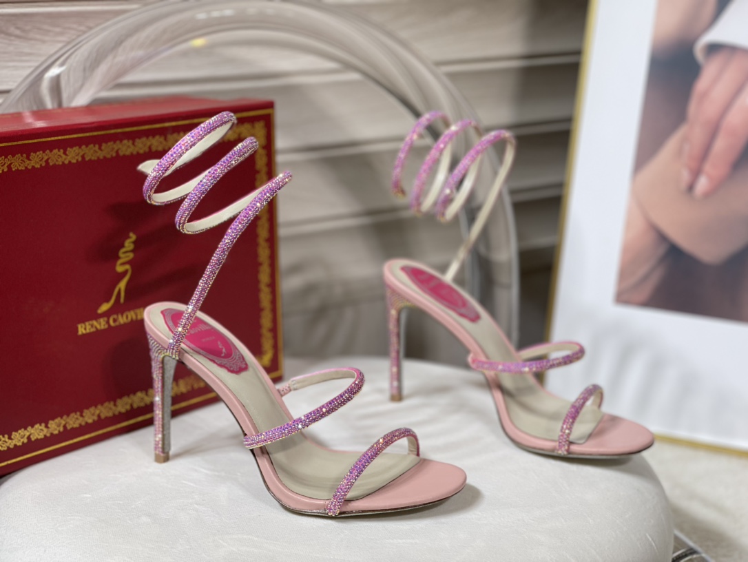 Rene Caovilla Shoes High Heel Pumps Sandals Pink Red Set With Diamonds Women Genuine Leather Sheepskin Silk Cleo