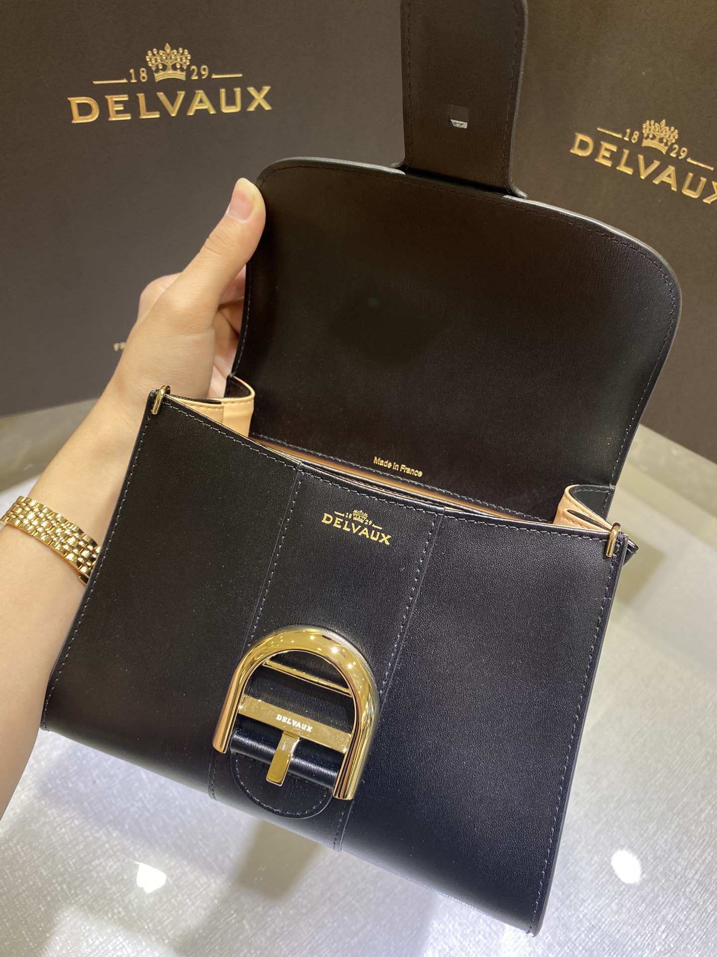 新版黑色金扣比利时皇家御用品牌顶级原单Delvaux新版双环brillantbox皮现货️小羊皮内里配套
