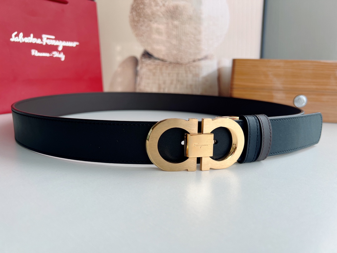 Ferragamo菲拉格慕   8字扣斜内廓抛光双面用头层牛皮腰带3.5cm
