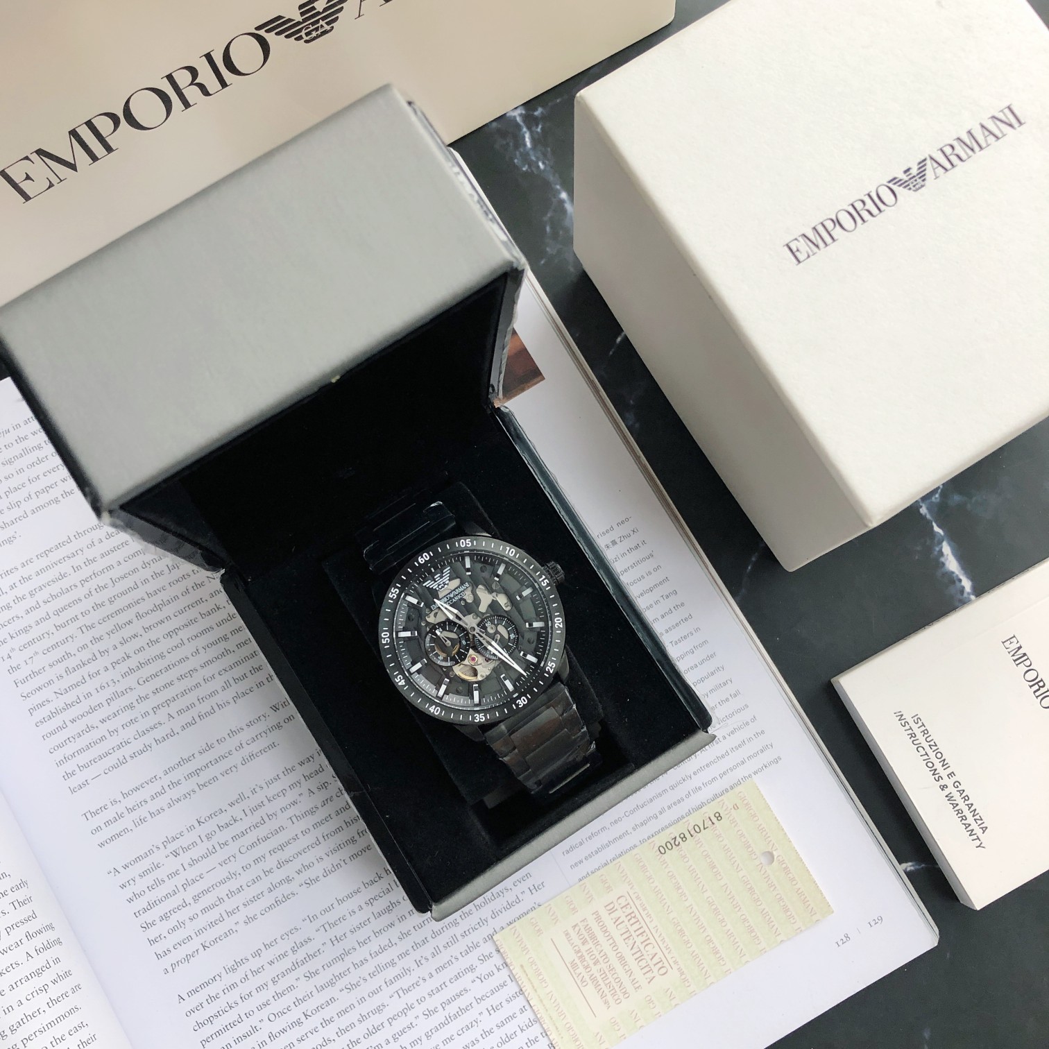 Lote (Emporio Armani) ¡Reloj mecánico automático transparente con diamantes huecos Armani para hombre! ¡AR600…