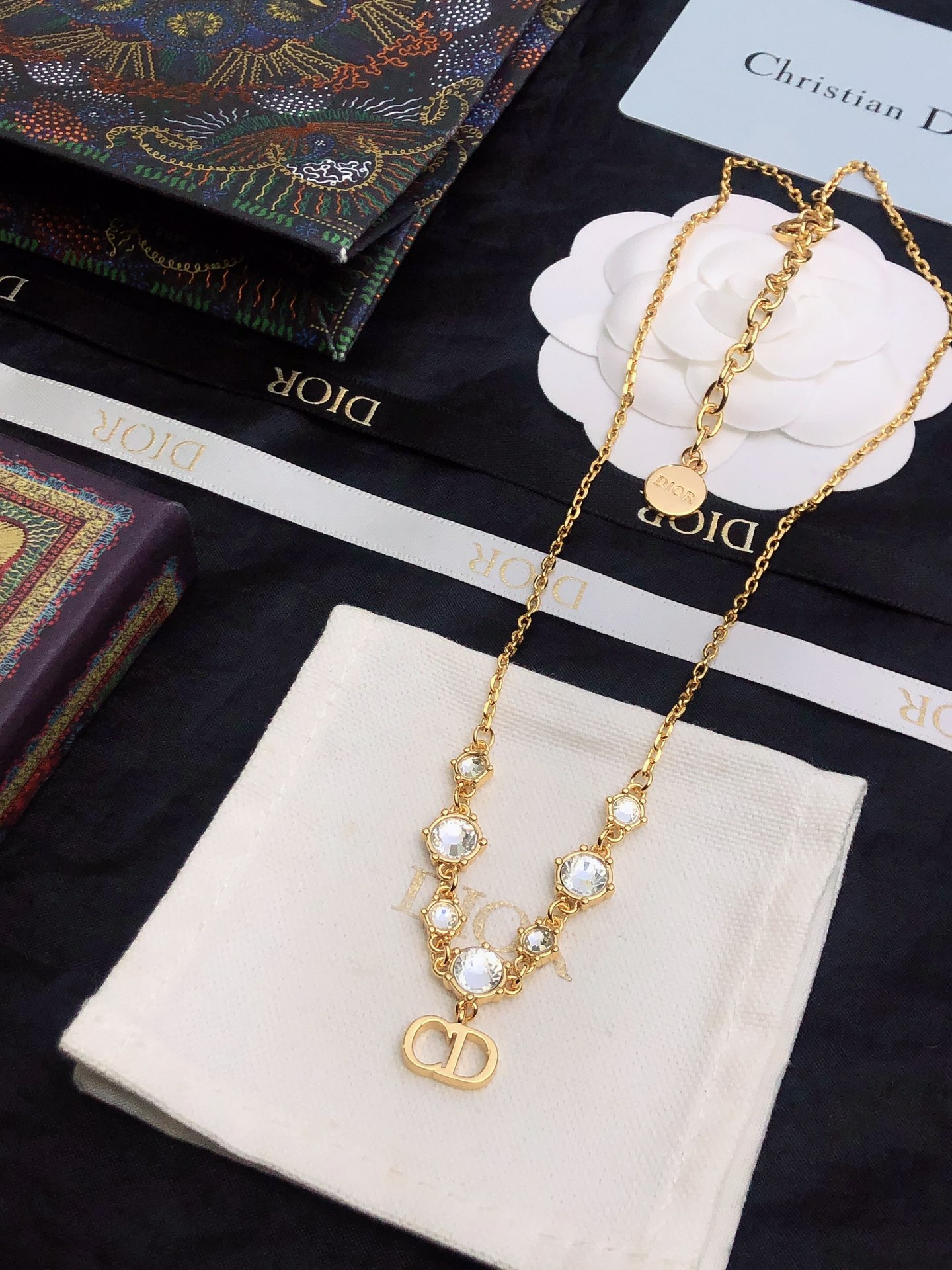 dior pearl bead cd charm gold chain necklace