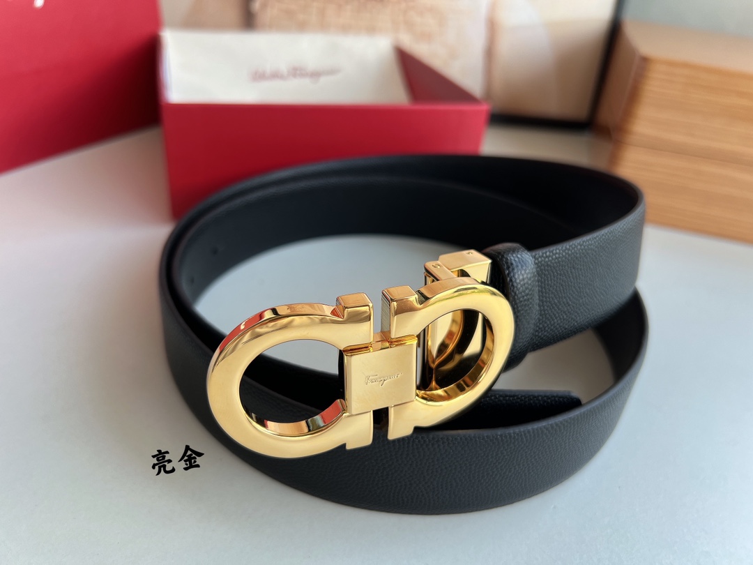 Salvatore  Ferragamo菲拉格慕男士3.5cm精致专柜版型双圈马蹄金属扣，头层牛皮双面腰带