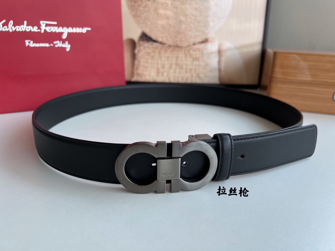 Salvatore  Ferragamo菲拉格慕男士3.5cm精致专柜版型双圈马蹄金属扣头层牛皮双面腰带