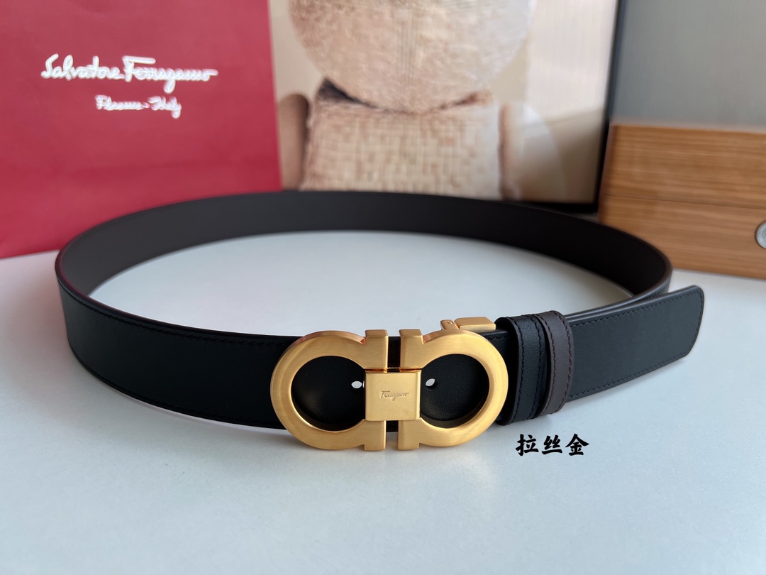 Salvatore  Ferragamo菲拉格慕男士3.5cm精致专柜版型双圈马蹄金属扣头层牛皮双面腰带