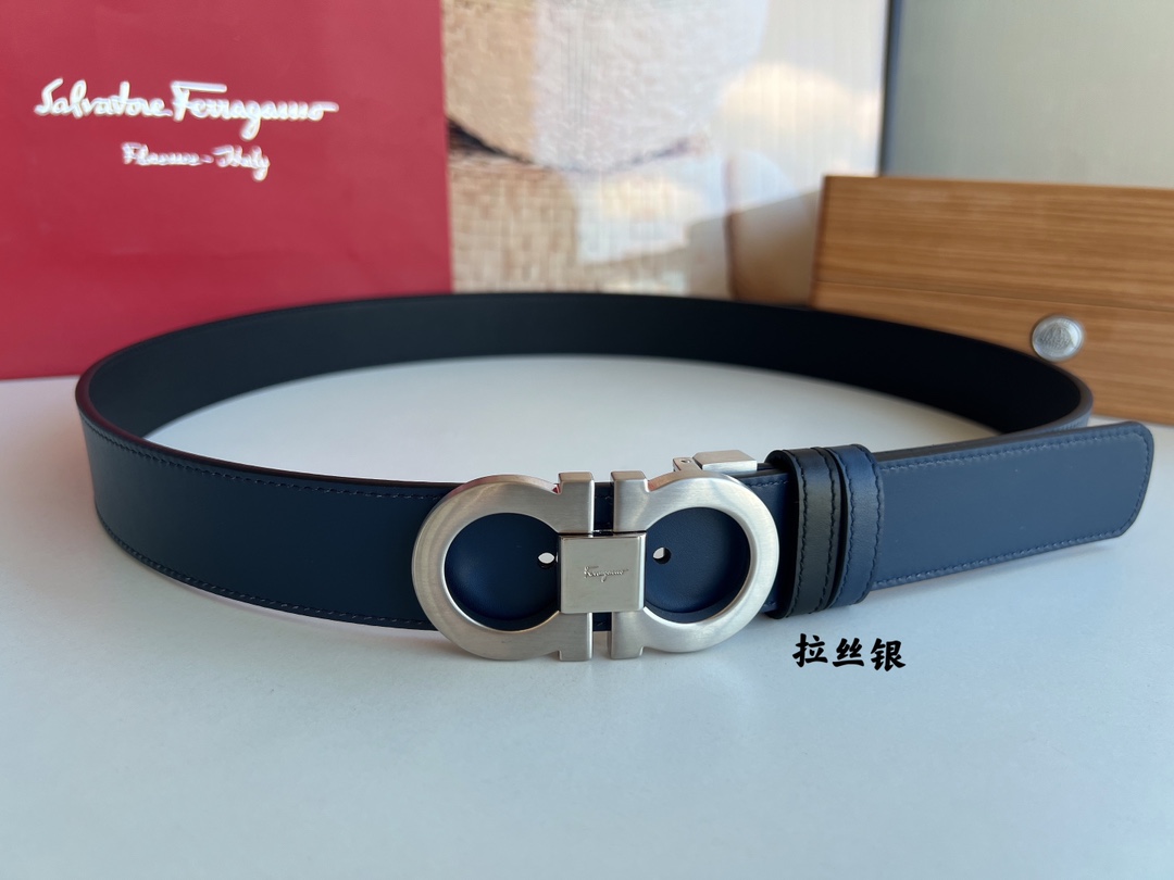 Salvatore  Ferragamo菲拉格慕男士3.5cm精致专柜版型双圈马蹄金属扣头层牛皮双面腰带