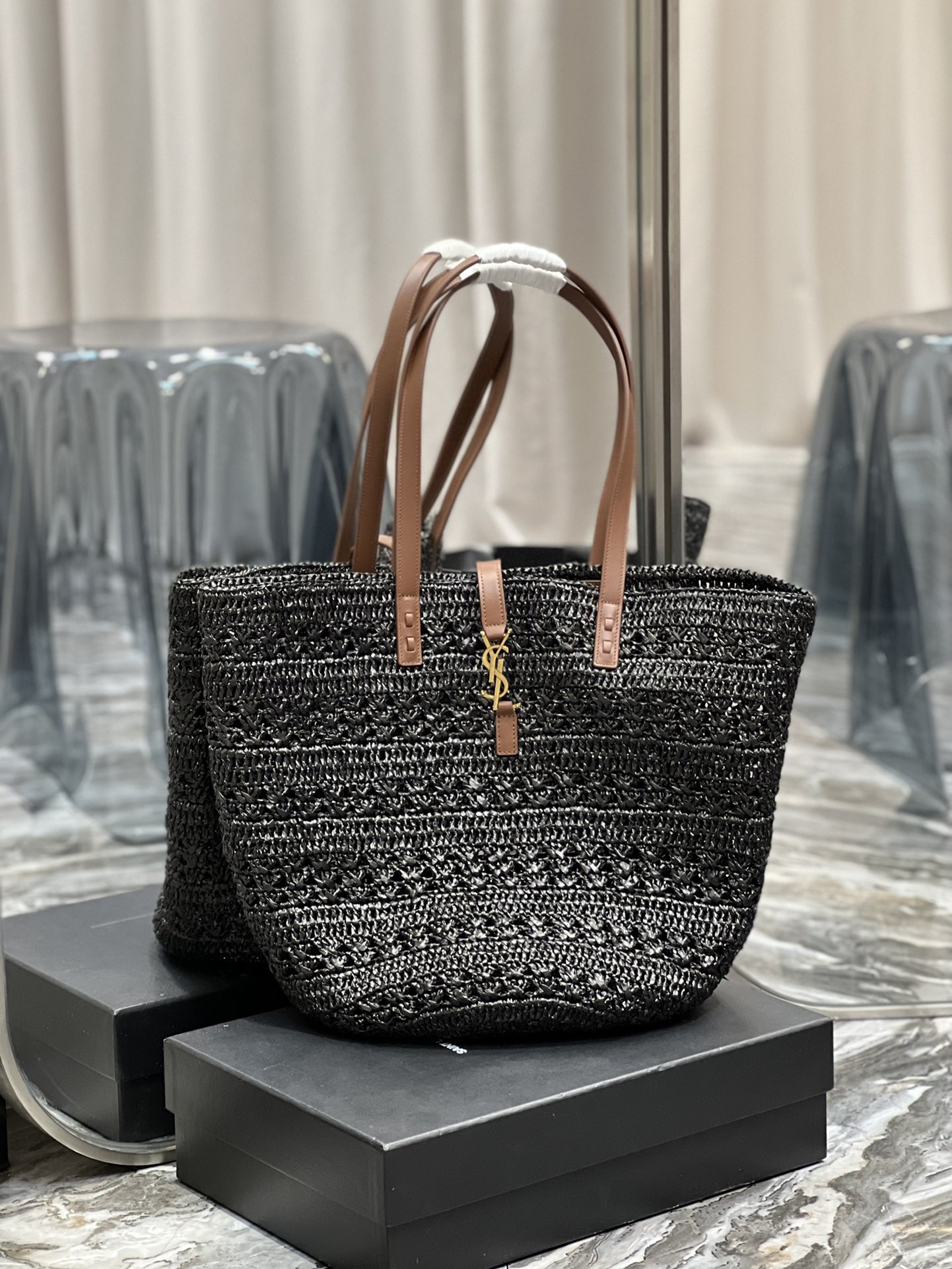 AAA+ Replica
 Yves Saint Laurent Handbags Tote Bags Black Openwork Raffia Straw Woven Weave