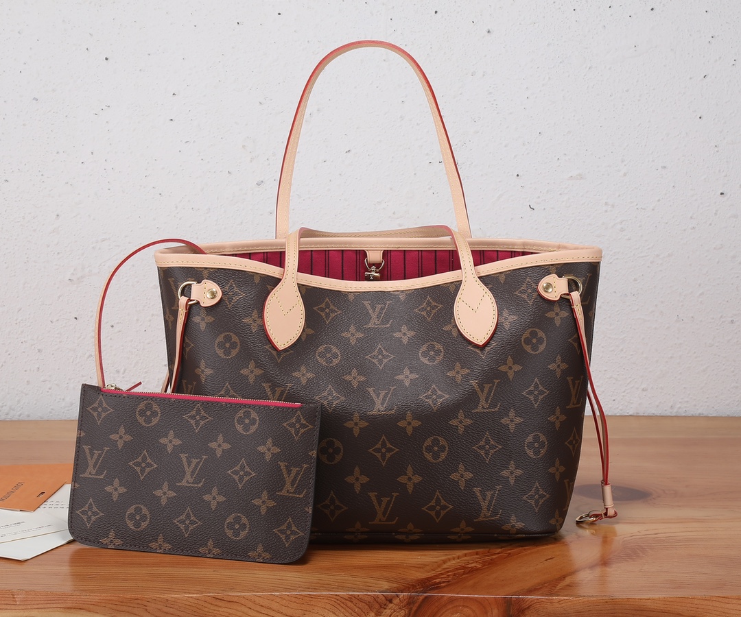 לואי ויטון LV Neverfull תיקים תיקי יד צבע קפה אדום כל פלדה Damier Azur קנבס קווייד פבריק רגיל N41359