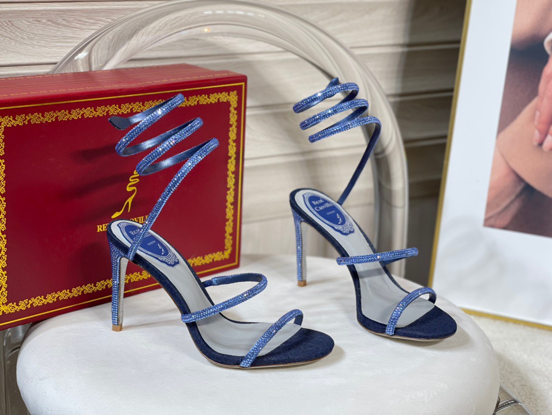 Rene Caovilla Shoes High Heel Pumps Sandals Blue Denim Pink Red Set With Diamonds Women Genuine Leather Sheepskin Silk Cleo