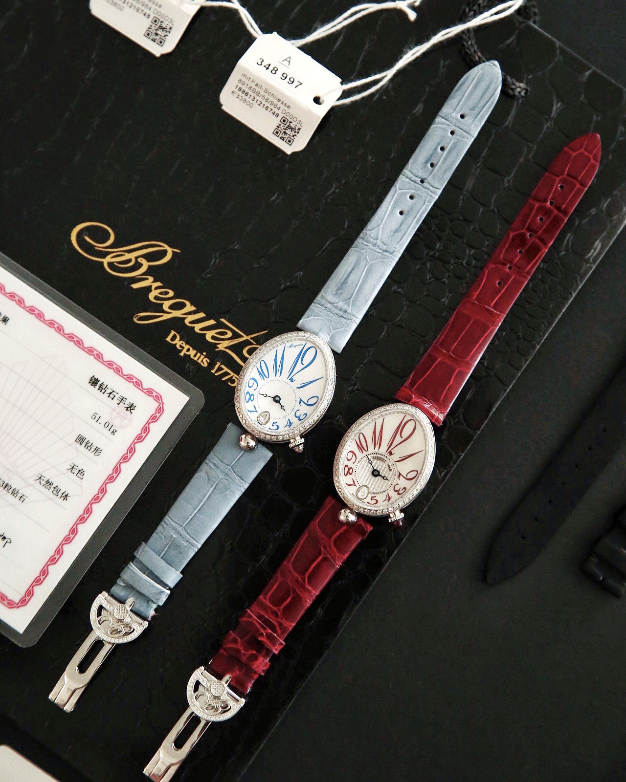 Pouvez-vous acheter une introduction
 Breguet Reine de Naples Montre Bleu Blanc Serti diamants Peau crocodile Mechanical Movement Bracelet en cuir